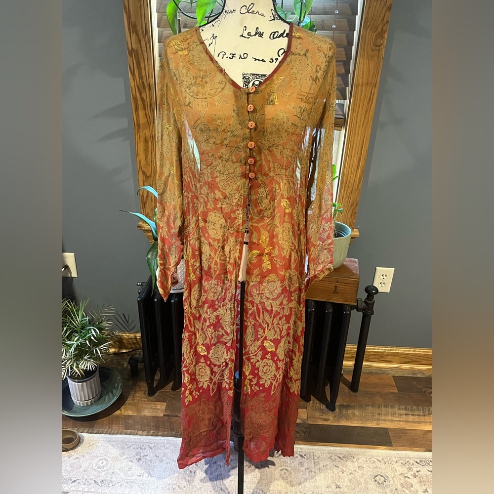 Vintage PHOOL Boho Sheer Mustard- Top Button- Renaissance Duster Dress- XL india
